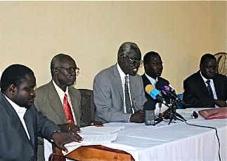 Representatives of five South Sudanese opposition parties address reporters (FILE-Sudan Votes website/ Boboya Simon Wudu)