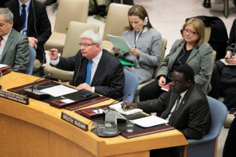 Hervé Ladsous (front, left), Under-Secretary-General for Peacekeeping Operations, speaks at a meeting of the Security Council on Abyei, a contested territory on the Sudan-South Sudan border, where a UN peacekeeping force (UNISFA) was established in June 2011. Pictured with Mr. Ladsous are David Buom Choat (right), Acting Permanent Representative of South Sudan to the UN, and behind Mr. Choat, Susana Malcorra (on right), Under-Secretary-General for Field Support (UN Photo)