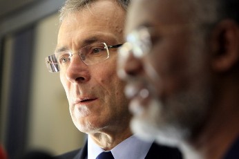 European Development Commissioner Andris Piebalgs (L) speaks during a joint news conference with Sudan’s Foreign Minister Ali Karti in Khartoum May 12, 2011 (Reuters)