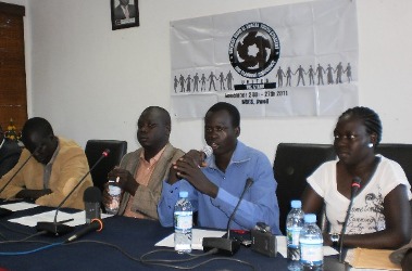 Executive members of the Greater Bahr el Ghazal youth union addressing the media in Juba, December 5, 2011 (Julius Uma/ST)