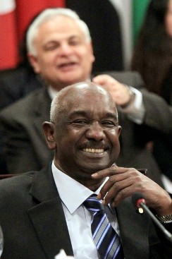 Sudanese General Mohammed al-Dabi, head of the Arab League observer mission in Syria, attends a meeting with Arab League general secretary Nabil al-Arabi and Arab foreign ministers in Cairo on January 8, 2012 (AFP)