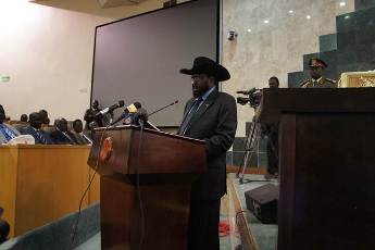 South Sudan’s President Salva Kiir Mayardit during his Monday’s speech before the parliament on the current oil dispute with neighboring Sudan (ST)