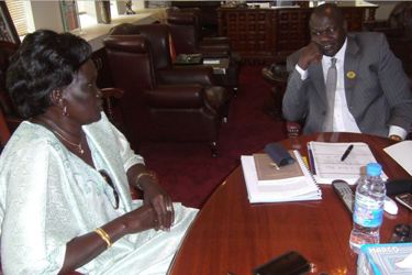 South Sudan Vice President, Dr. Riek Machar Teny in meeting with the presidential advisor on Gender and Human Rights, Rebecca Nyandeng de Mabior at his office in Juba on 30 January 2012 (ST)