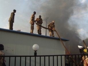 The Beijing hotel in Juba on fire in 2009 (ST file photo)