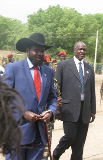 South Sudan’s President Salva Kiir Mayardit (left) and Jonglei State governor Kuol Manyang arrive in Bor's Freedom Square to sign the new Jonglei state constitution. 25 February 2012 (ST)