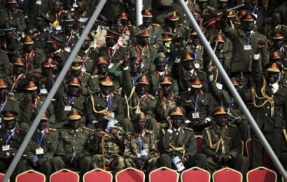 SPLA generals wait for the start of independence celebrations in Juba, South Sudan, Saturday, July 9, 2011.