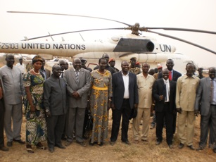 Vice President Riek Machar with the governors of Lakes, Warrap and Unity State with other officials before leaving in a UN helicopter in Mapel. February 18, 2012 (ST)
