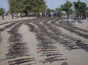 Arms collected from Bor, displayed at Malual-chat army barracks for Jonglei state governor Kuol Manyang to inspect on March 14, 2012 (ST)
