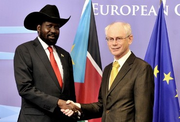 EU Council president Herman Van Rompuy (R) welcomes President of South Sudan Salva Kiir Mayardit (L) on March 20, 2012 prior to a working session at the EU Headquarters in Brussels. (Getty)