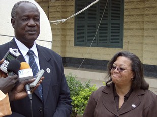 Jonglei governor Kuol Manyang Juuk (left) and US ambassador Susan Page (right), in Bor, Jonglei, South Sudan. March 7, 2012 (ST)