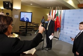 British representative Mark Lyall Grant speaks to the press after a meeting of the United Nations Security Council at the UN headquarters (AP)