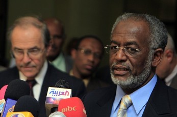 Sudan's Foreign Minister Ali Karti (R) speaks during a joint news conference with the US special envoy to Sudan, Princeton Lyman (Reuters)