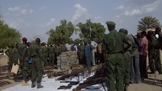 Arms collected from Bor, displayed at Malual-chat army barracks for Jonglei state governor Kuol Manyang to inspect on March 14, 2012 (ST)