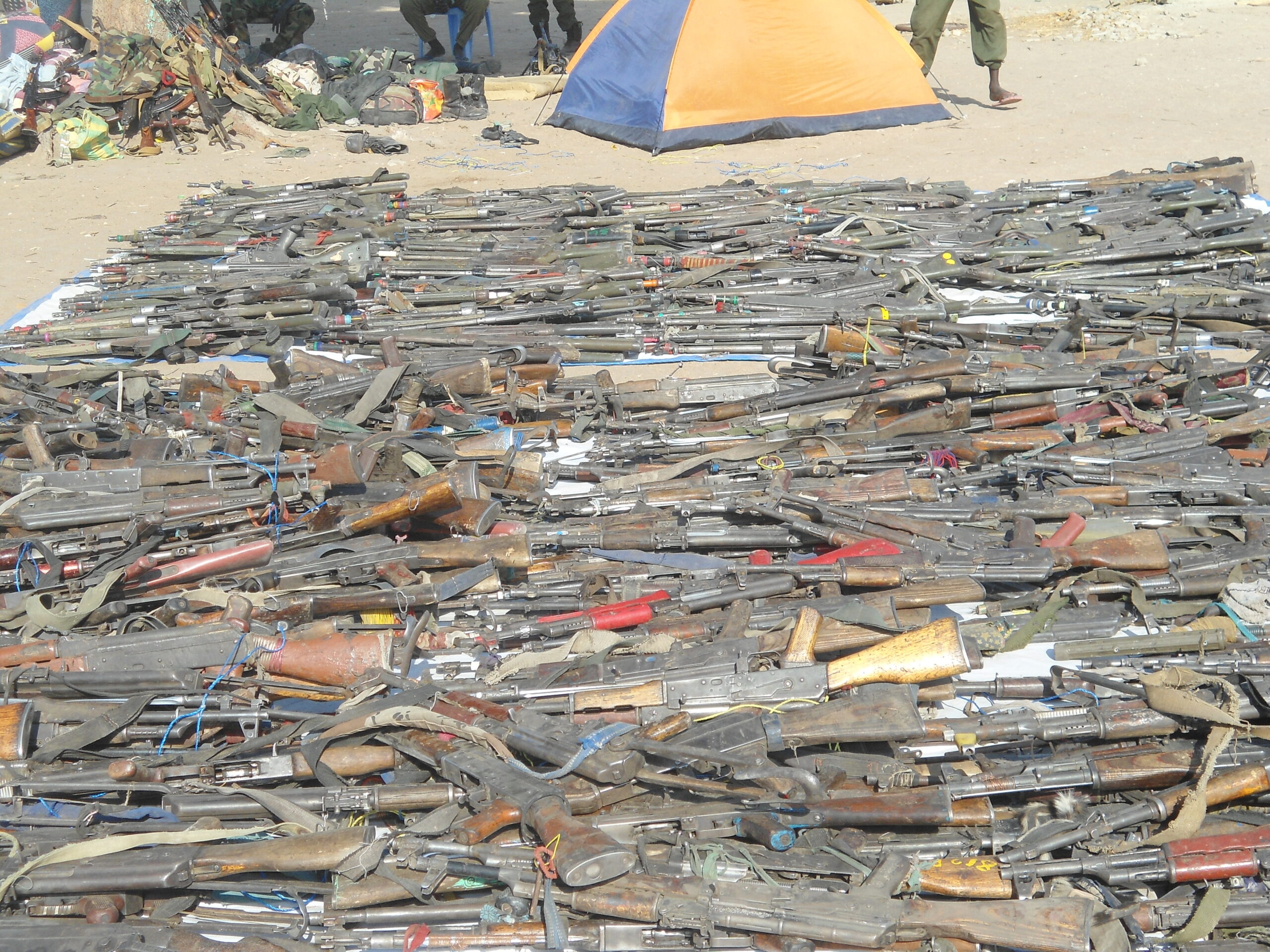 Weapons collected from Pibor County during the Jonglei State, displayed at Malualchat SPLA camp. 2 April 2012 (ST)