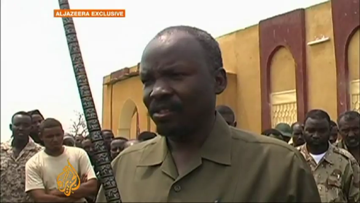 Al-Jazeera TV footage showing South Kordofan governor Ahmed Haroun addressing troops battling insurgents in his state.