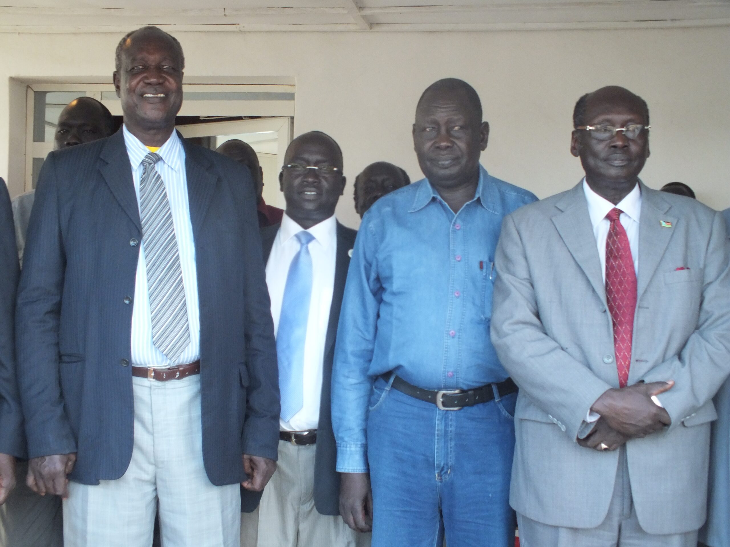 Governor of Jonglei state (Far Left) with South Sudan's Information Minister Barnaba Marial Benjamin. (ST)