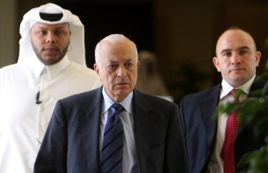 Arab League secretary general Nabil al-Arabi (C) arrives to attend an Arab ministerial committee meeting in Doha on June 2, 2012. (Getty)