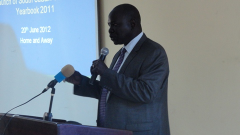 Kwong Danhier Gatluak, South Sudan’s deputy minister for Labor, Public Service and Human Resource Development speaks at the report launch, June 20, 2012 (ST)