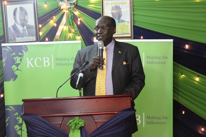 Barnaba Benjamin Marial, South Sudan's government spokesperson speaks at the Kenya Commercial Bank (KCB) event, Juba, South Sudan, June 6, 2012 (ST)