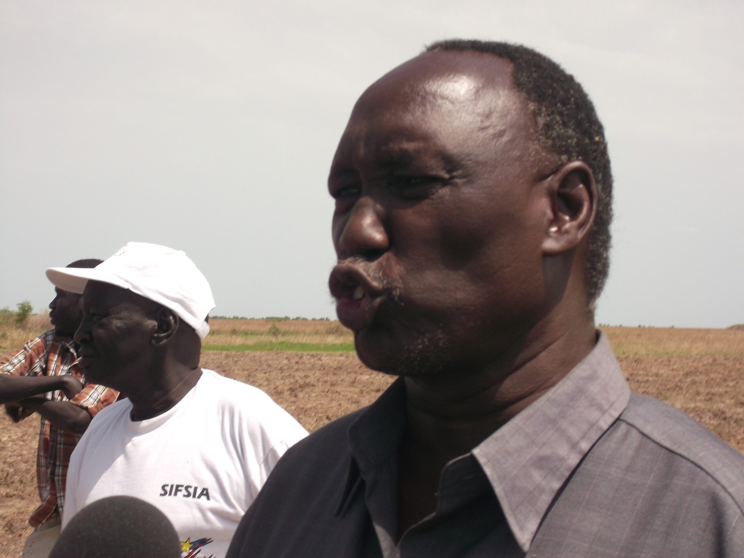 Jonglei State Minister of Agriculture and Forestry Mayen Ngor speaking to reporters in Waat Mechanized Farm in Nyirol County, Jonglei, June 1, 2012 (ST)