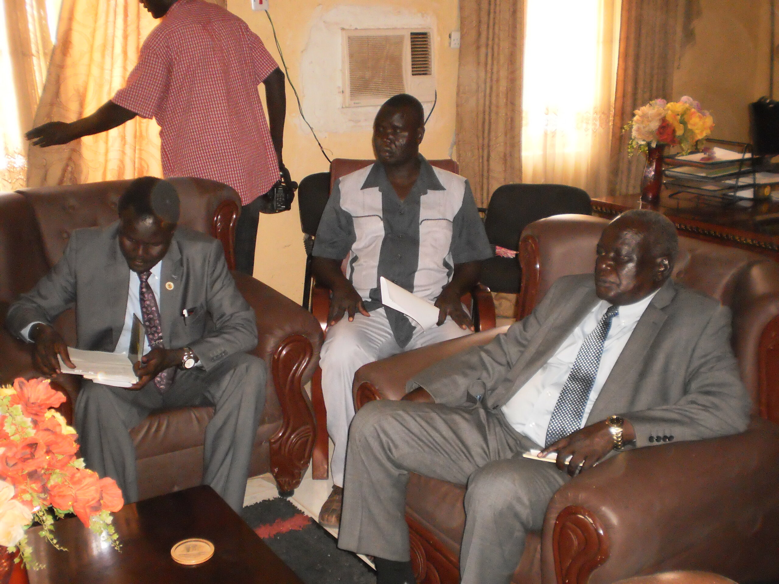 Unity State Minister for Education, Them Machar Kuol, (right) and South Sudan Education Minister, Joseph Ukel Abanga, during his visit to Unity State, South Sudan, 6 June 2012 (Bonifacio Taban/ST)
