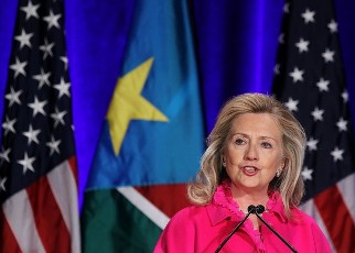 FILE PHOTO - U.S. Secretary of State Hillary Clinton speaks during the South Sudan International Engagement Conference December 14, 2011 at the Marriott Wardman Park Hotel in Washington, DC (GETTY)