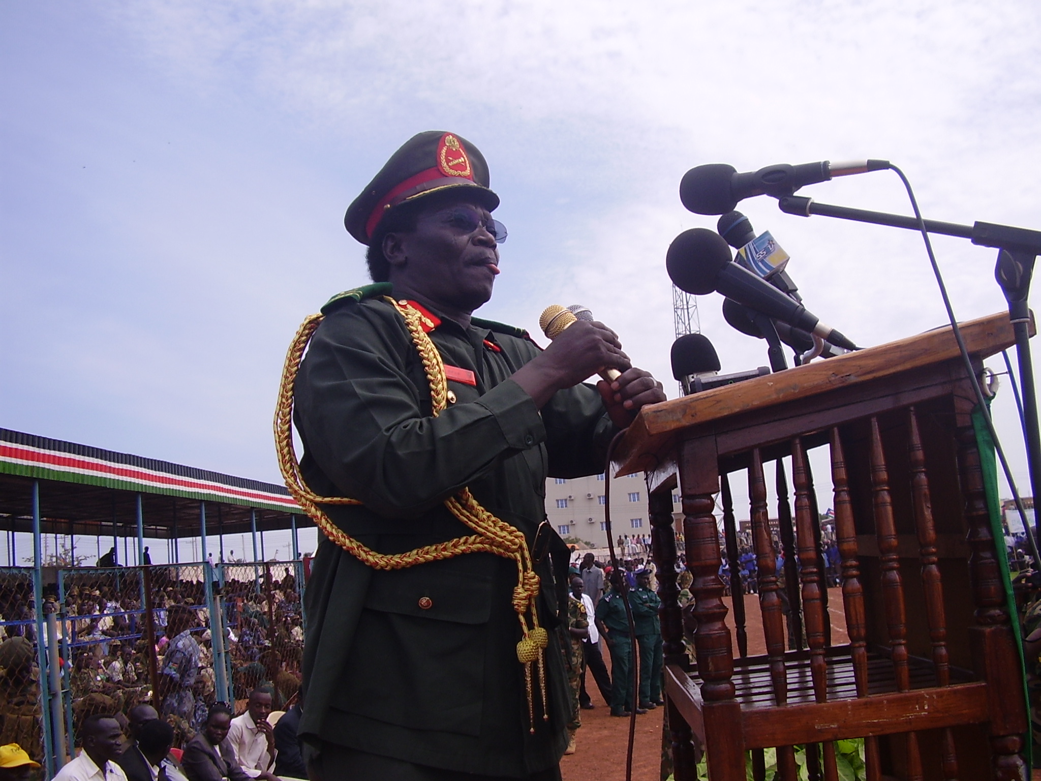 Major General Andrea Dominic speaks at South Sudan's first independence celebration at Wau Stadium, Western Bahr el Ghazal State, 9 July 2012(ST)