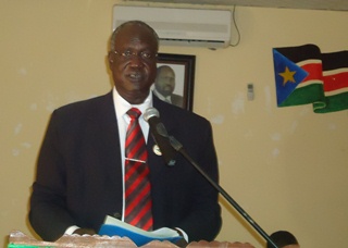 Governor of Jonglei state, Kuol Manyang Juuk, speaking at the peace conference in Bor, March (ST)