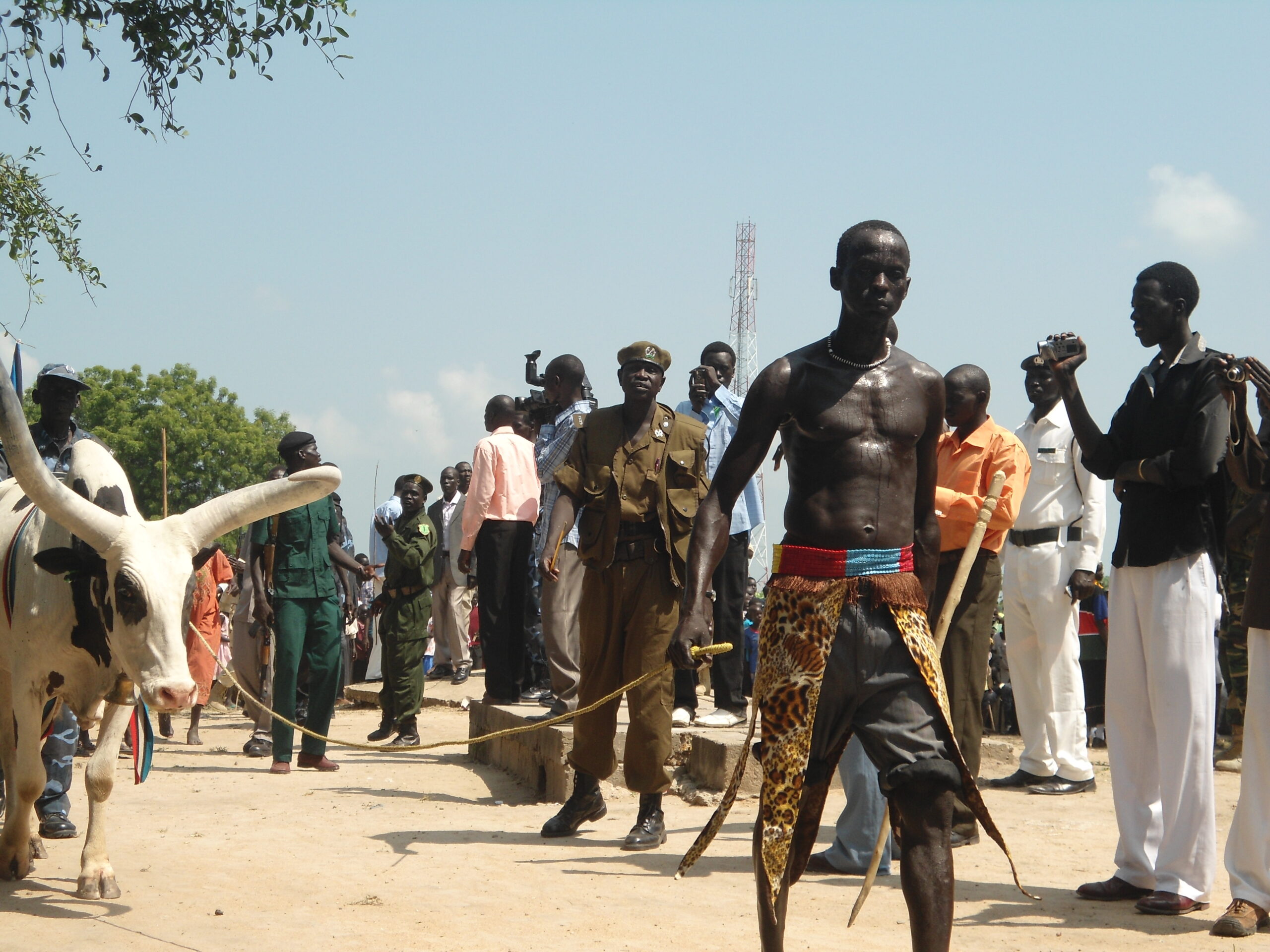 Manyiel Thon Diing, a young man from Jonglei State, praising his bull at the Panyagoor celebrations of South Sudan's independence, 9 July 2012 (ST)