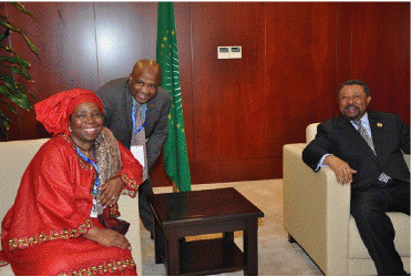 The Chairperson of the African Union Commission (AUC), Jean Ping (L) received in his office at the AU Headquarters on Monday, 16 July 2012, Nkosazana Dlamini Zuma, who was elected as the new Chairperson of the Commission, on Sunday night, 15 July 2012, by African Heads of State and Government during the 19th African Union Summit. (Photo AUDIC)