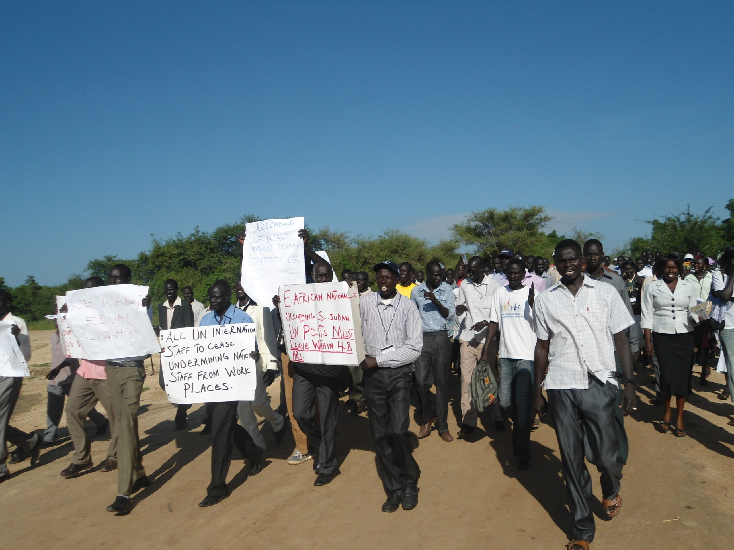 South Sudanese UN staff hold a strike to demand that posts for national staff are not filled by international staff at a demonstration in Bor, Jonglei State. 14 August 2012 (ST)