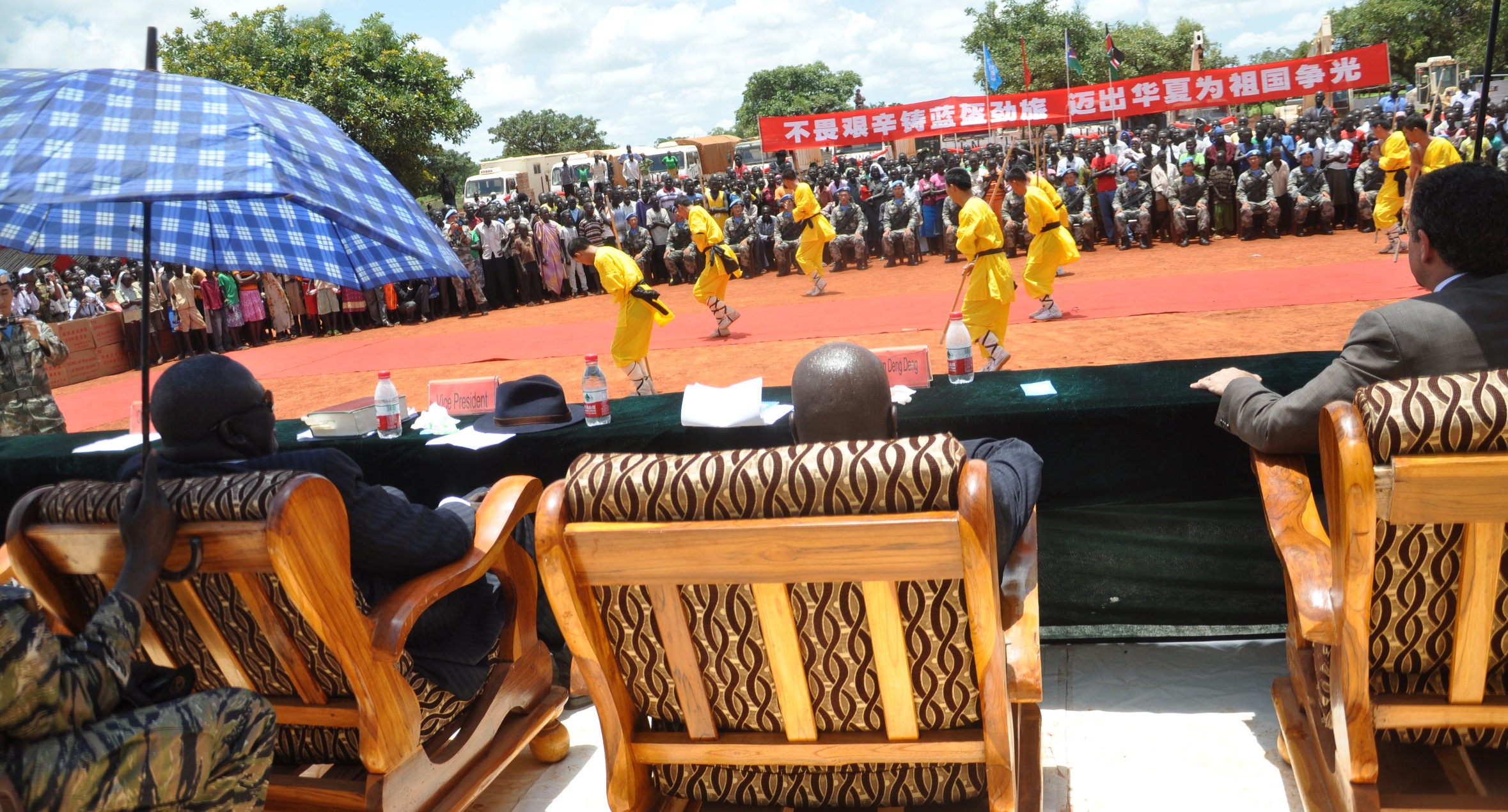 Vice President, Riek Machar, at the inauguration of Mapel center for ex-combatants as Chinese performers provide a cultural demonstration, Western Bahr El Ghazal, South 29 August 2012 (ST)