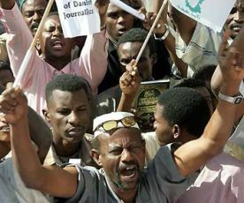 FILE PHOTO - Sudanese protest in Khartoum, denouncing Danish newspaper’s of a cartoon satirizing Islam's Prophet Muhammad (Fox News)