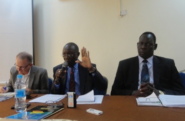 Lawrence Korbandy (C) with other members of the panel addressing South Sudan Human Rights Defenders Network members,  September 21, 2012 (ST)