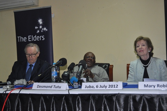 Three of the Elders addressing a press conference in Juba, 6 July 2012 (ST/Julius N. Uma)