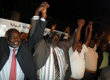 SRF leaders, form the left, Gibril Ibrahim (JEM), Malik Agar (SPLM-N), Abdel wahil Al Nur (SLM-AW) Minnin Minnawi (SLM-MM) and Yasir Arman (SPLM-N), on 4 October 2012 after the signing of a new political agreement between the rebel groups in Kampala, Uganda (Photo SRF)