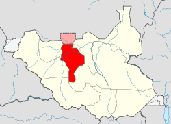 Warrap State in red. Contested Abyei region in pink.