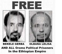 Activists' poster protesting about the detention of Olbana Lelisa, a leader in the Oromo People’s Congress party (OPC), and Bekele Gerba, the deputy Chairman of the Oromo Federalist Democratic Movement (OFDM)