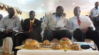 The first row of commissioners at the conference at the South Sudan Hotel in Bor, Jonglei State, Monday December 4, 2102 (ST)