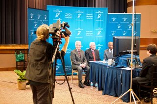 Jimmy Carter (c) with the other panelist during the media roundtable, January 17, 2013 (Deborah Hakes/Carter Center)