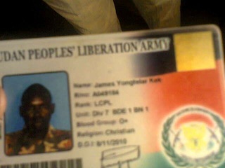 Photo ID of a SPLA soldier found at the scene of fighting in Makuach on January 2, 2013, bearing SPLA logo and name of James Yangtalar Kek, a soldier, belong to Division VII (ST)