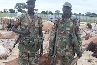 SPLA soldiers standing near the cattle near Bor, Jonglei, South Sudan, September 26, 2012 (ST)