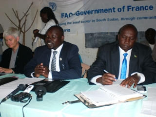 Yei Commissioner, David Juma Augustine (C) and Central Equatoria's Agriculture minister, Michael Roberto Kenyi at an agricultural event October 12, 2012 (ST/Uma Julius)