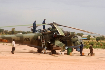 A Russian-supplied Mi-24 attack helicopter redeployed to El Geneina airport from Nyala, Darfur (photo released by Amnesty in 2007)