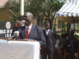 Jonglei Governor, Kuol Manyang Juk, addressing the public on the SIM card launch day in Bor, February 9, 2013 (ST)