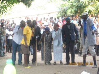 Students of Fulla Secondary school present a poem during governor Luis Lobong Lojore community meeting in Nimule on Sunday Feb. 24, 2013 (ST)