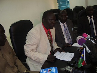 Kapoeta North county commissioner Lokai Iko (Centre in white dress) at a news conference in Juba, 6 February 2013 (ST)