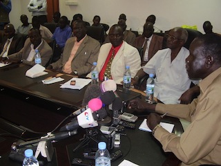 Minister of humanitarian affairs and disaster management Lual Acuil at news conference in Juba,  6 February 2013 (ST)