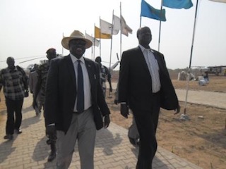 South Sudan's vice-president Riek Machar and Jonglei governor Kuol Manyang Juuk arriving at Bor airport from Akobo county on 17 February 2013 (ST)