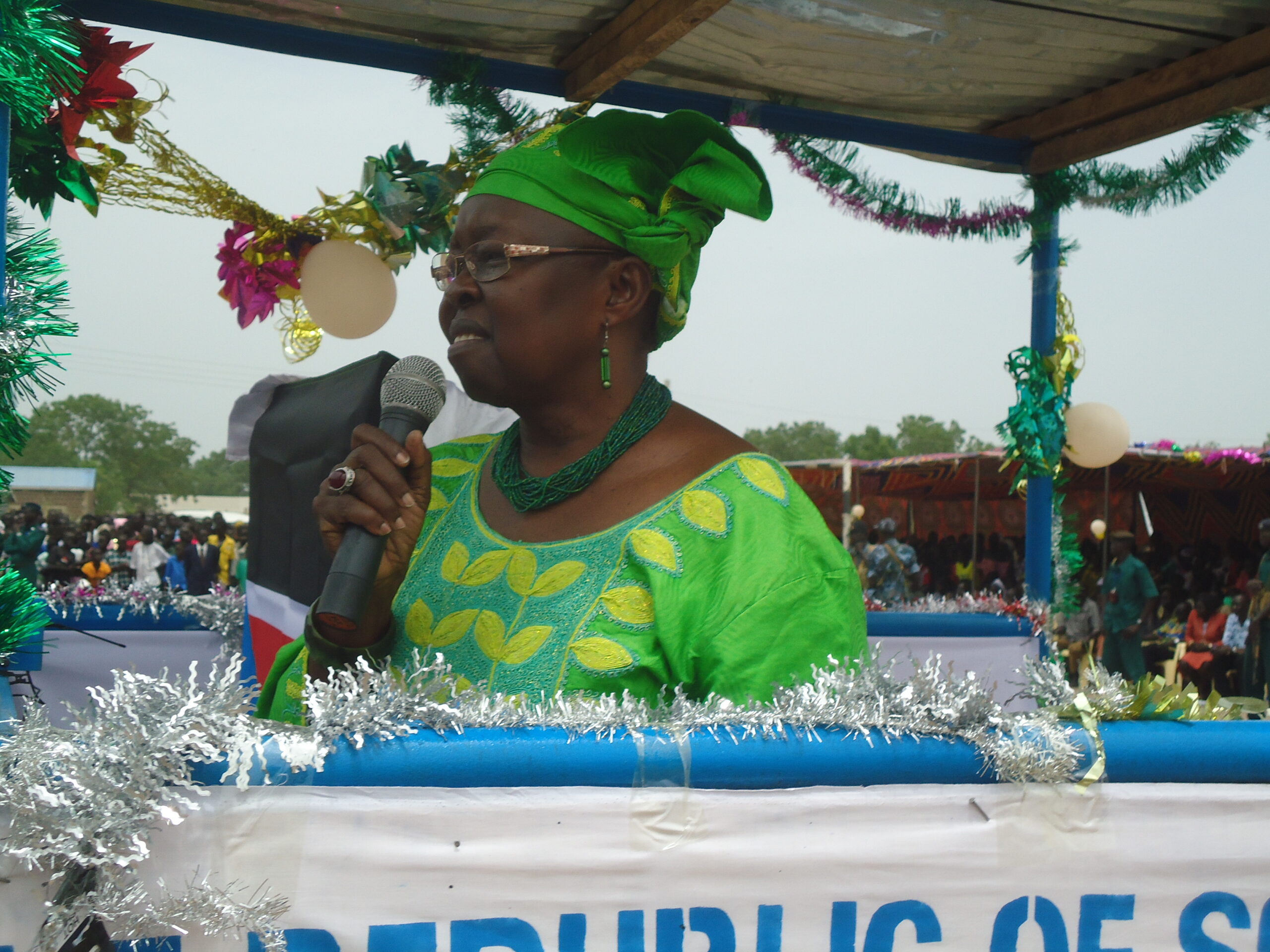 South Sudan's minister of gender and social welfare, Agnes Kwaje Lasuba, addressing the gathering celebrating in Bor, Jonglei State March 8, 2013 (ST)